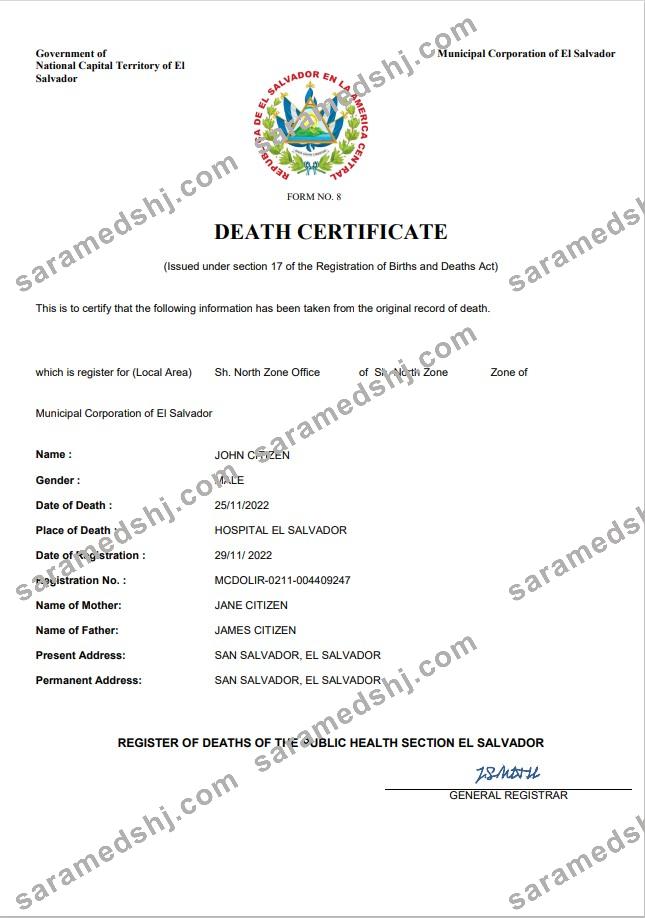 El Salvador vital record death certificate Word and PDF template